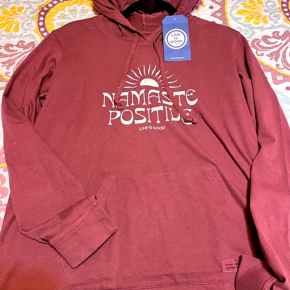 Life is Good Mahogany long sleeve hooded crusher namaste